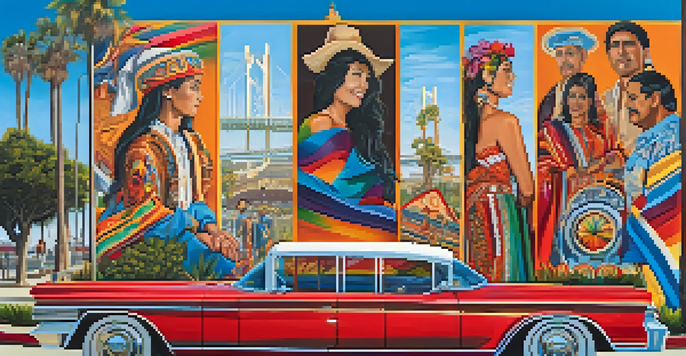 A colorful mural in Chicano Park that illustrates the Chicano heritage, featuring traditional symbols and expressive figures with the Coronado Bridge in the background.