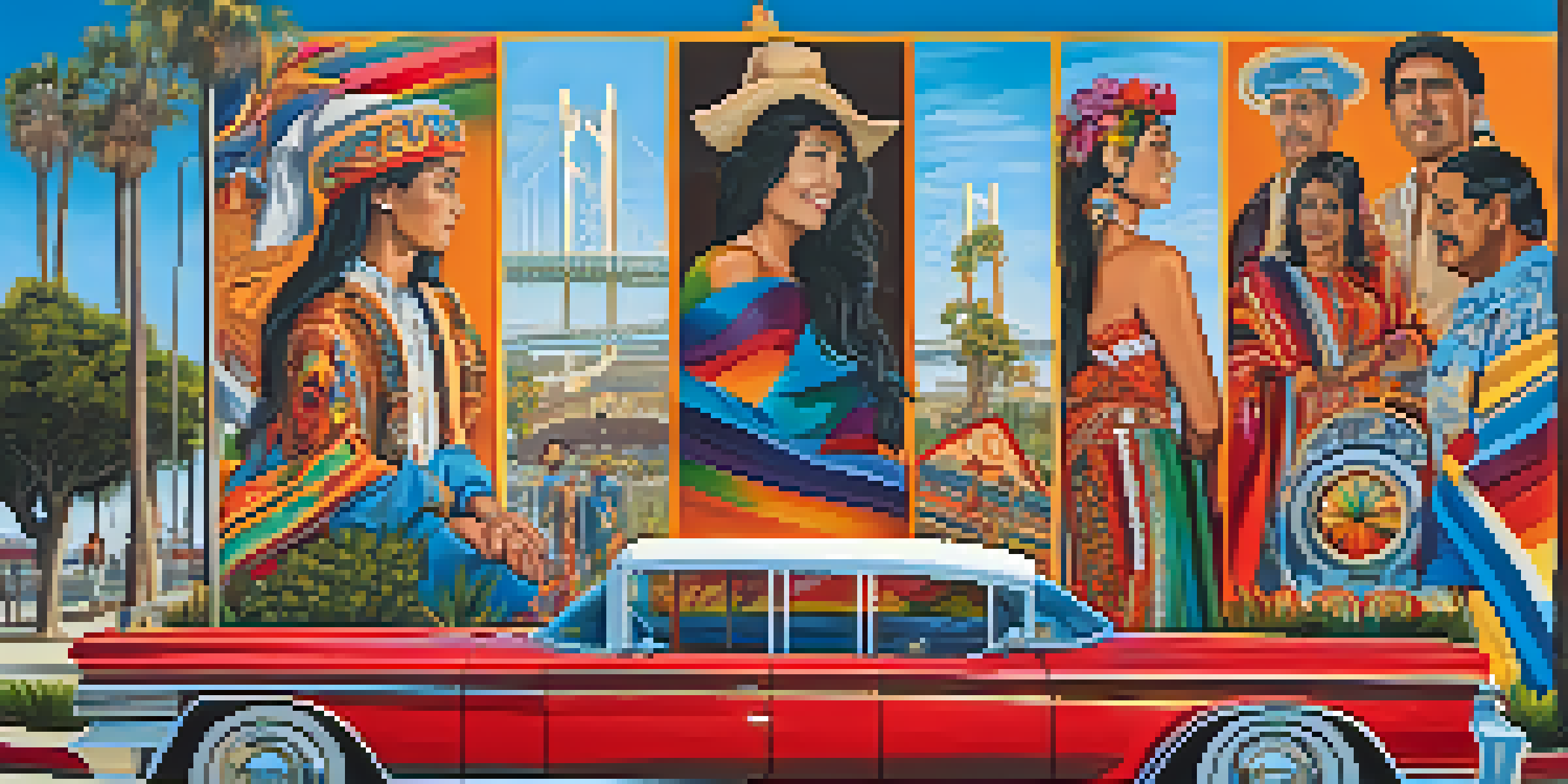 A colorful mural in Chicano Park that illustrates the Chicano heritage, featuring traditional symbols and expressive figures with the Coronado Bridge in the background.