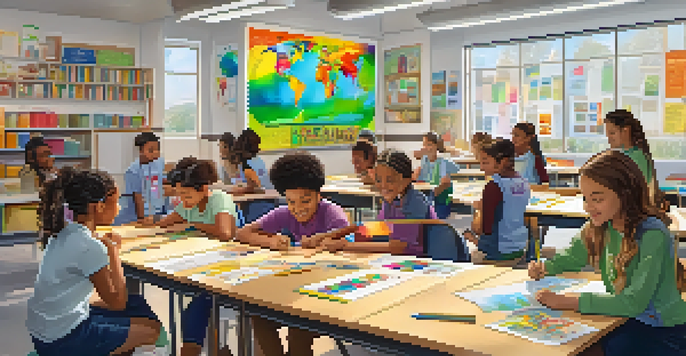 A lively classroom scene with diverse students working on a STEM project, guided by a smiling teacher.