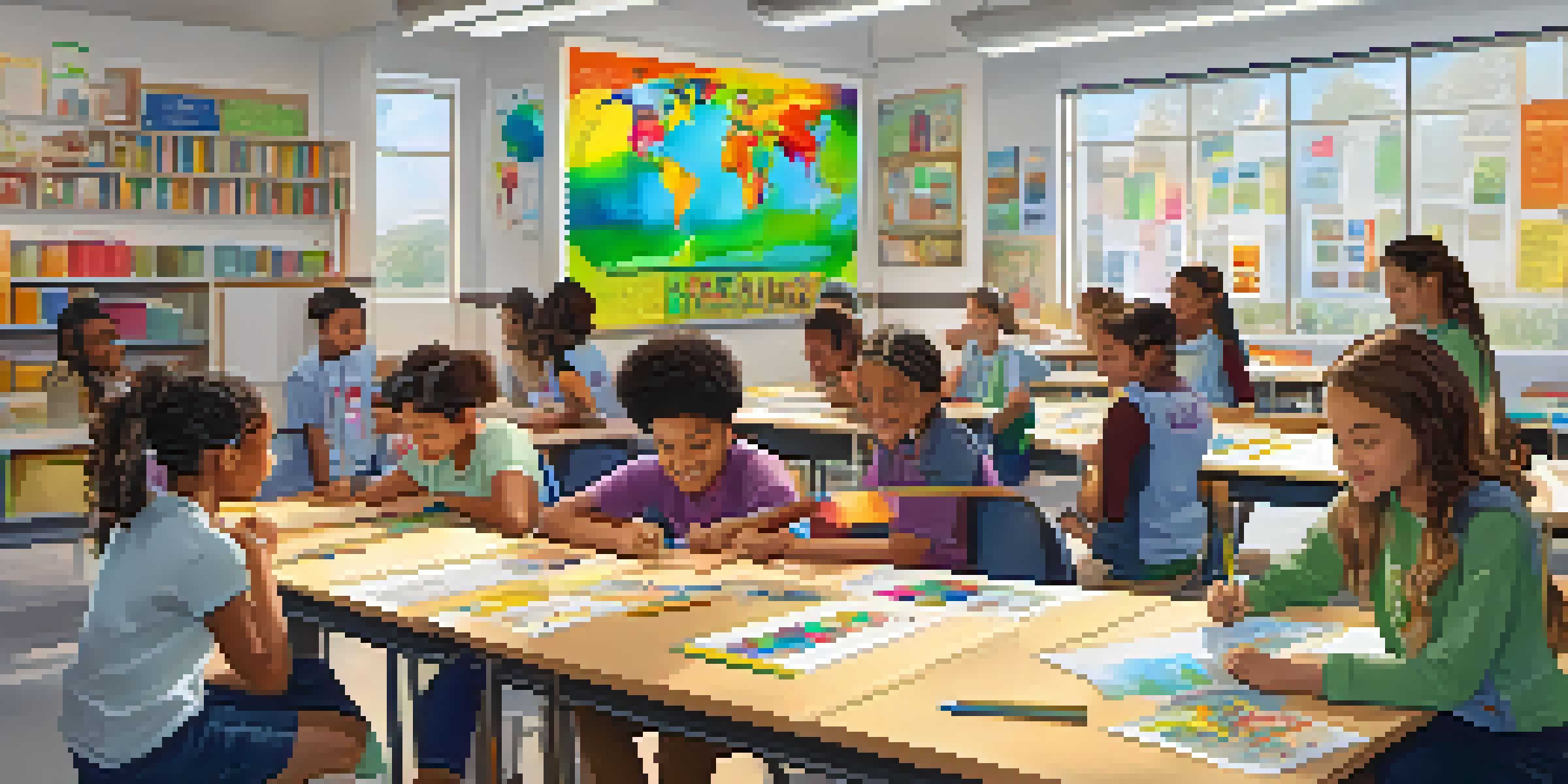 A lively classroom scene with diverse students working on a STEM project, guided by a smiling teacher.