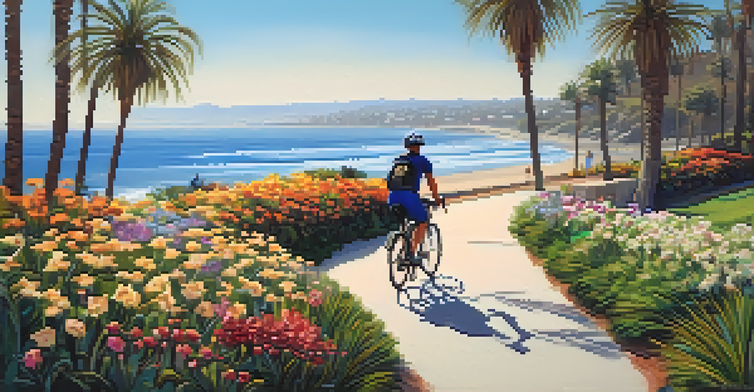 A cyclist riding on a coastal bike path in San Diego with a clear blue sky and ocean waves in the background.