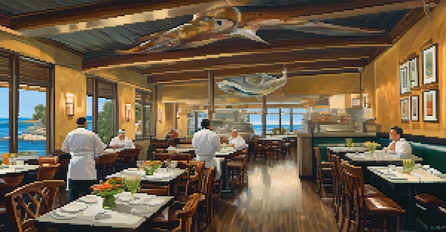 The interior of a local San Diego restaurant with a cozy ambiance, featuring a table set with a sustainably sourced seafood dish and a chef in the background.