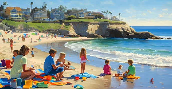 A lively beach scene with families enjoying their day at La Jolla Shores, children playing in the water and building sandcastles, with sea lions in the background.