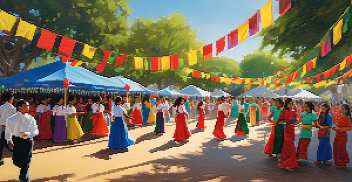 A lively cultural festival at a school with students in traditional attire, dancing and celebrating diversity under sunny skies.