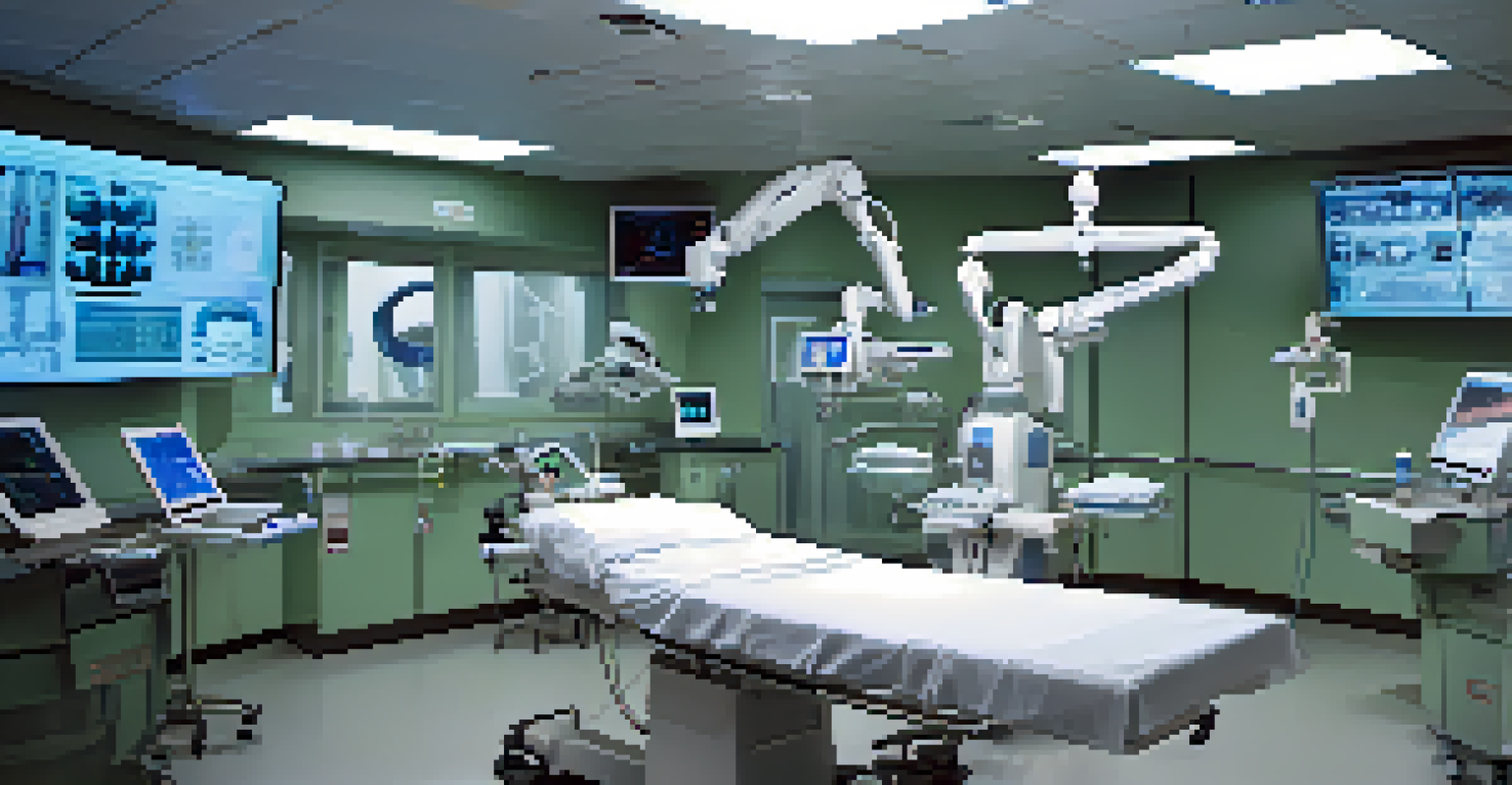 A modern surgical room in a military hospital with advanced robotic equipment and medical professionals preparing for surgery.