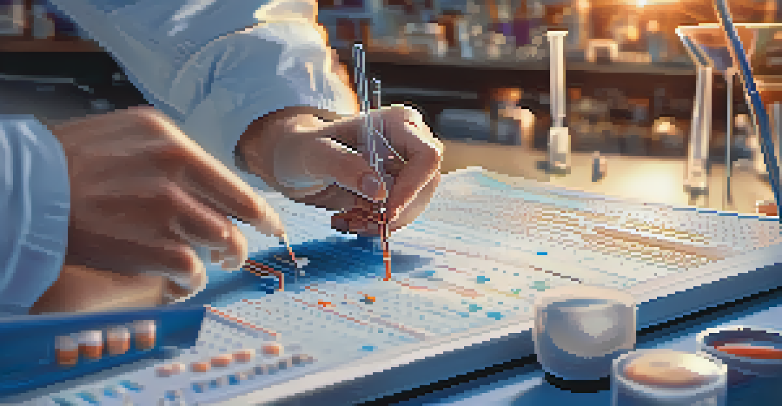 Close-up of a scientist's hands working with CRISPR technology, highlighting the tools and scientific diagrams in a dynamic lab environment.