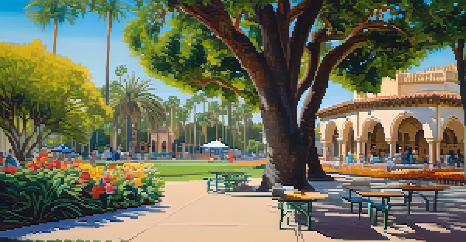 A picnic setup under a tree in Balboa Park with flowers and Spanish-style buildings in the background.