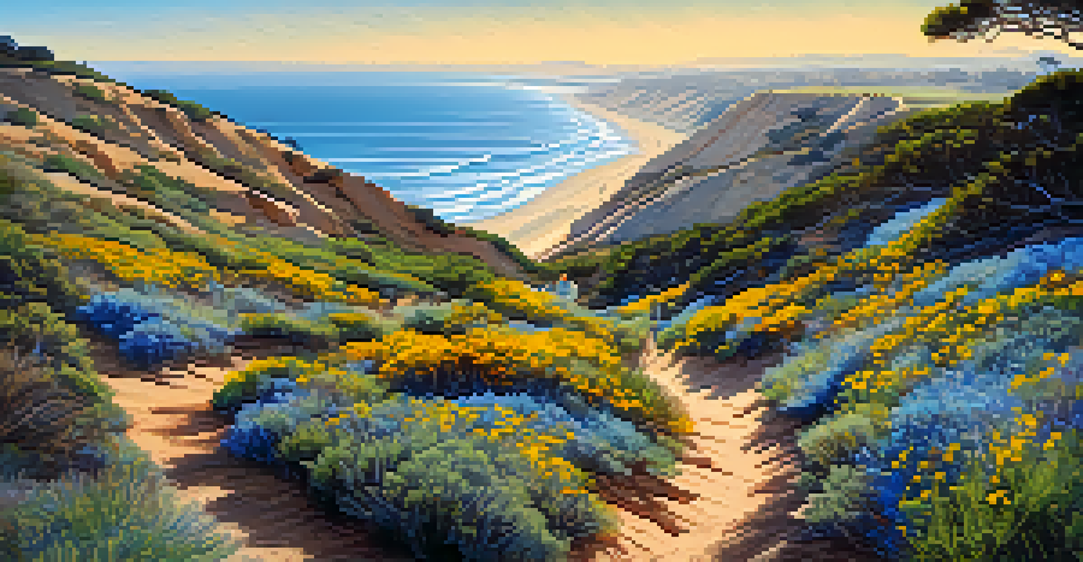 A scenic hiking trail in Torrey Pines State Natural Reserve with vibrant wildflowers and ocean views, featuring a hiker enjoying the landscape.