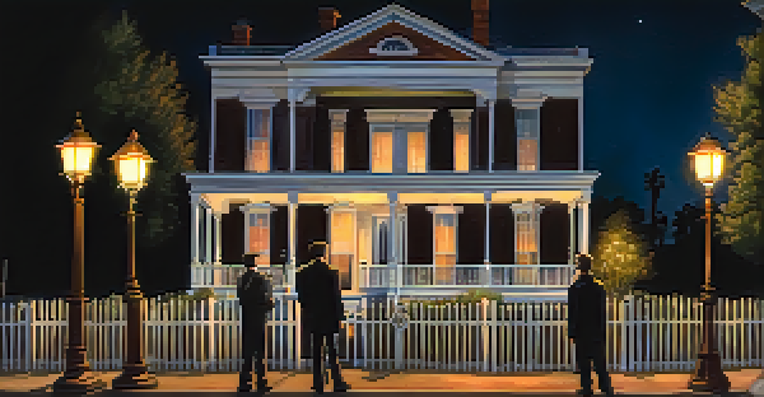 A group of ghost tour participants outside the Whaley House at night, illuminated by lanterns as they listen to a guide share a ghost story.