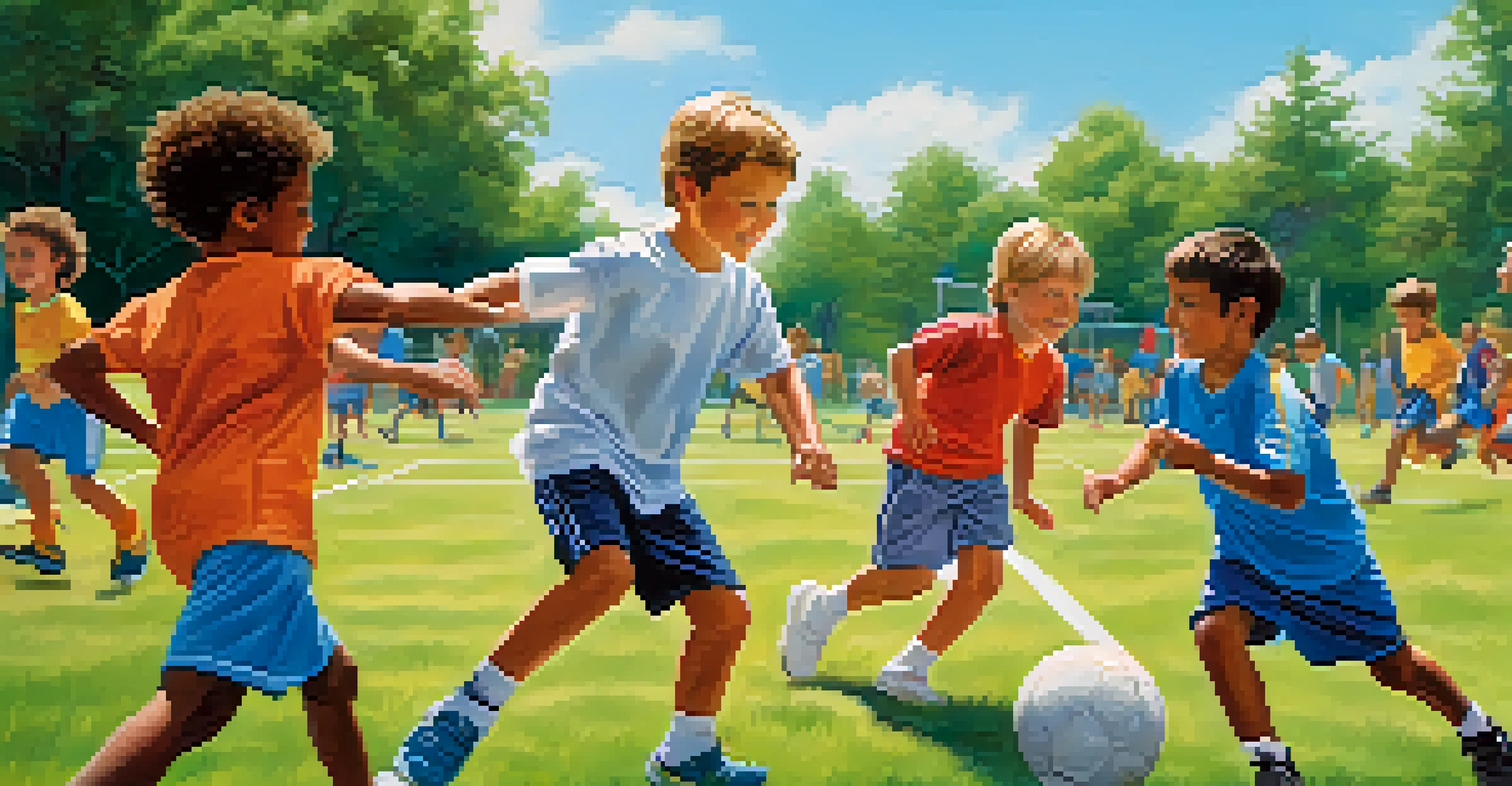 Children participating in a sports clinic with local athletes in a sunny park.