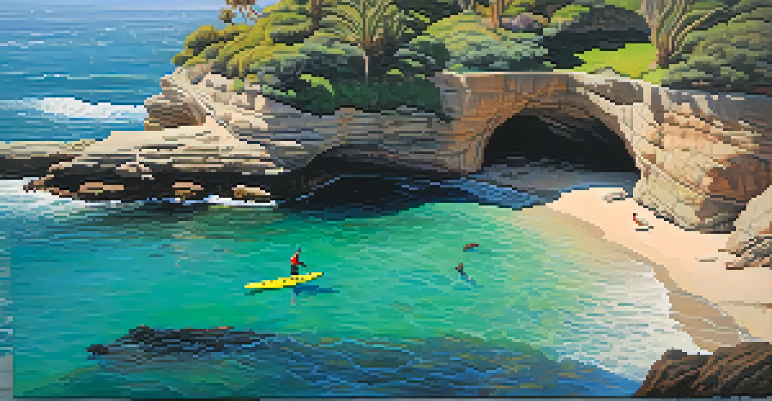 Aerial view of La Jolla Cove with a paddleboarder near sea caves and sea lions on the rocks.