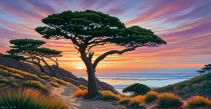 A scenic landscape of Torrey Pines State Reserve with unique trees, hiking trails, and a sunset over the ocean.