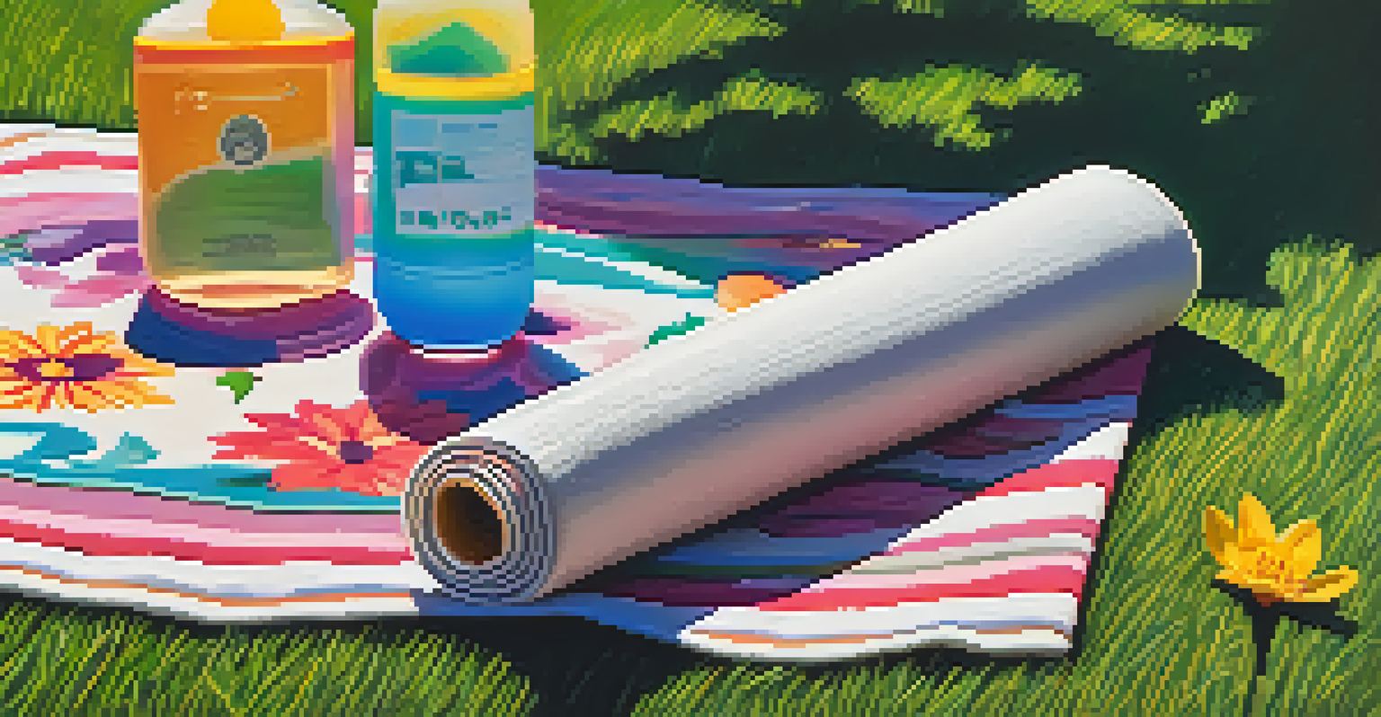 A yoga mat with a water bottle and towel on grass in Balboa Park, surrounded by colorful flowers and sunlight.