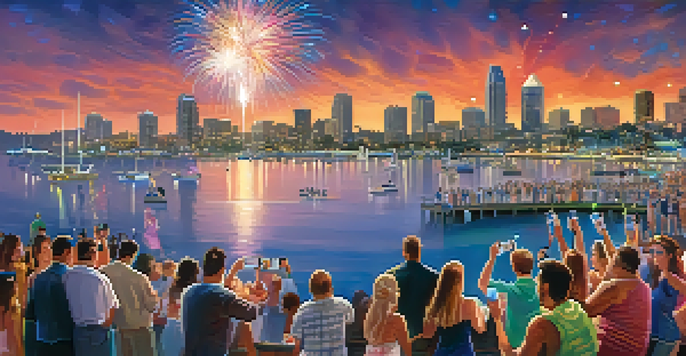 A lively crowd celebrating New Year's Eve by the waterfront in San Diego, watching colorful fireworks reflecting off the bay.