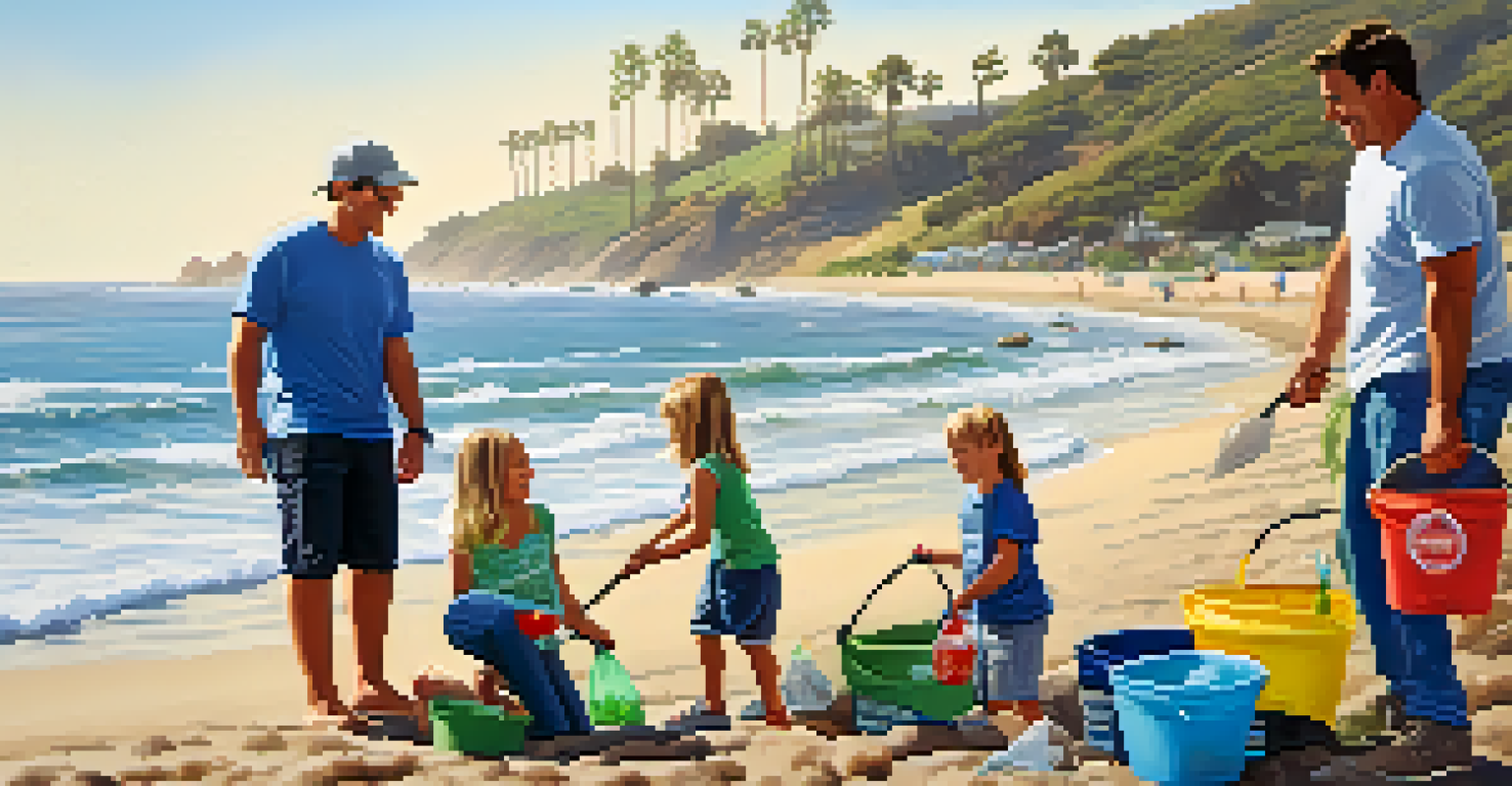 A family working together to clean the beach, collecting trash with the ocean in the background on a sunny day.