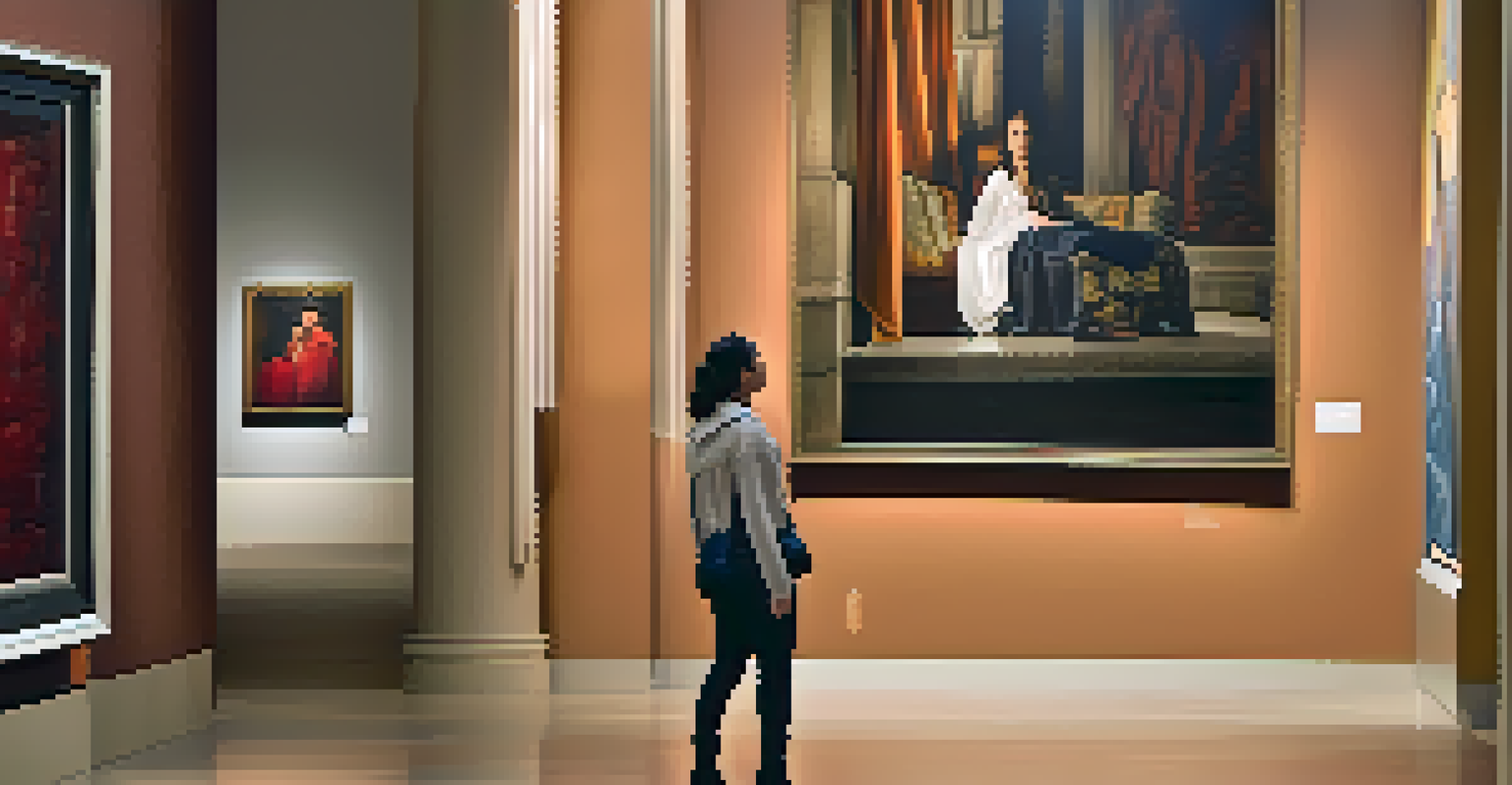 An interior view of the San Diego Museum of Art, showcasing a visitor admiring a classic painting under warm lighting.