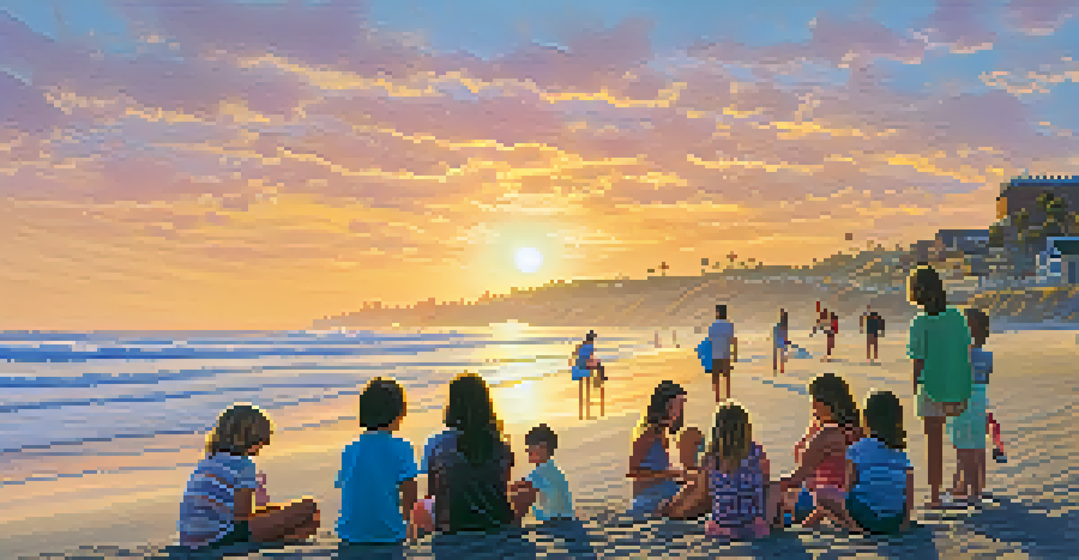 A family at Moonlight Beach, with children playing in the waves and people gathered around a bonfire at sunset.