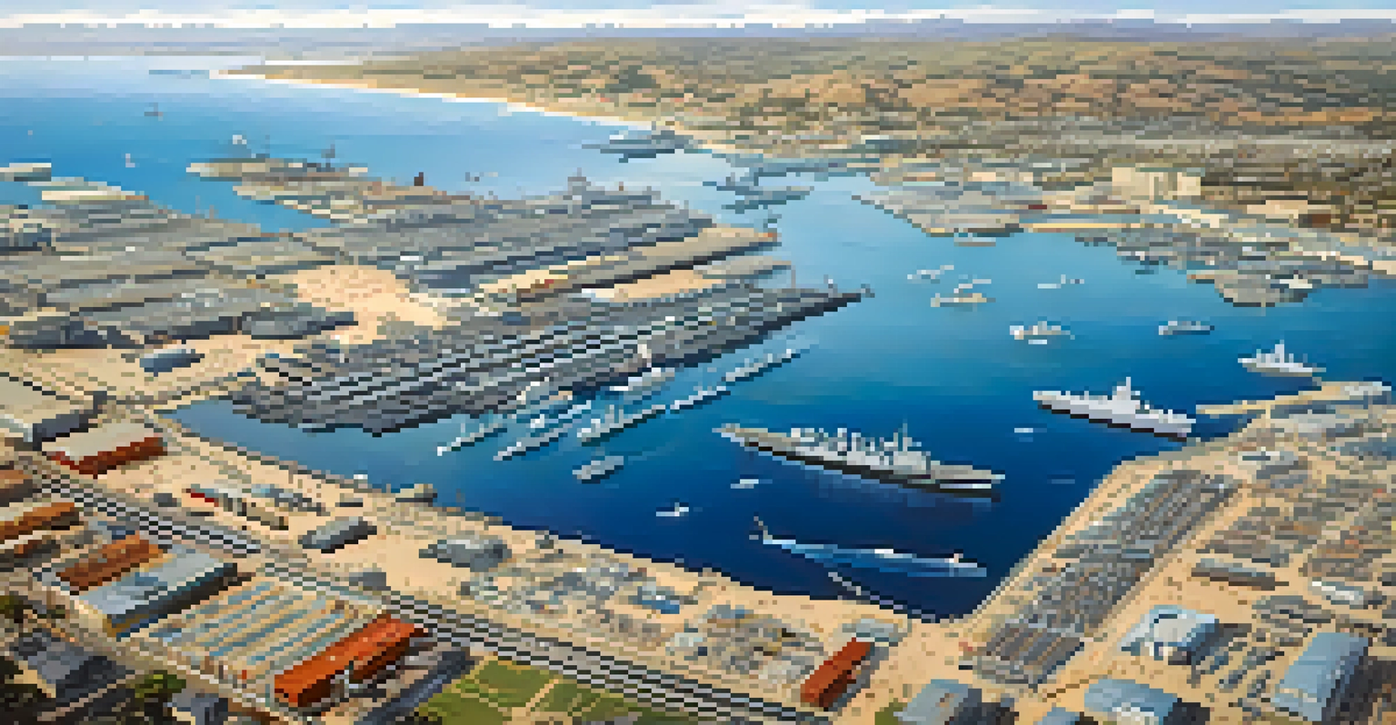 An aerial view of a naval base in San Diego with various military ships.