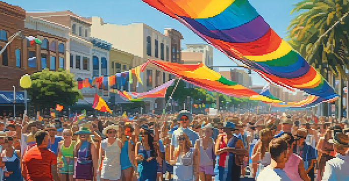 A lively Pride parade in San Diego with a diverse crowd celebrating with colorful flags and costumes under bright sunlight.