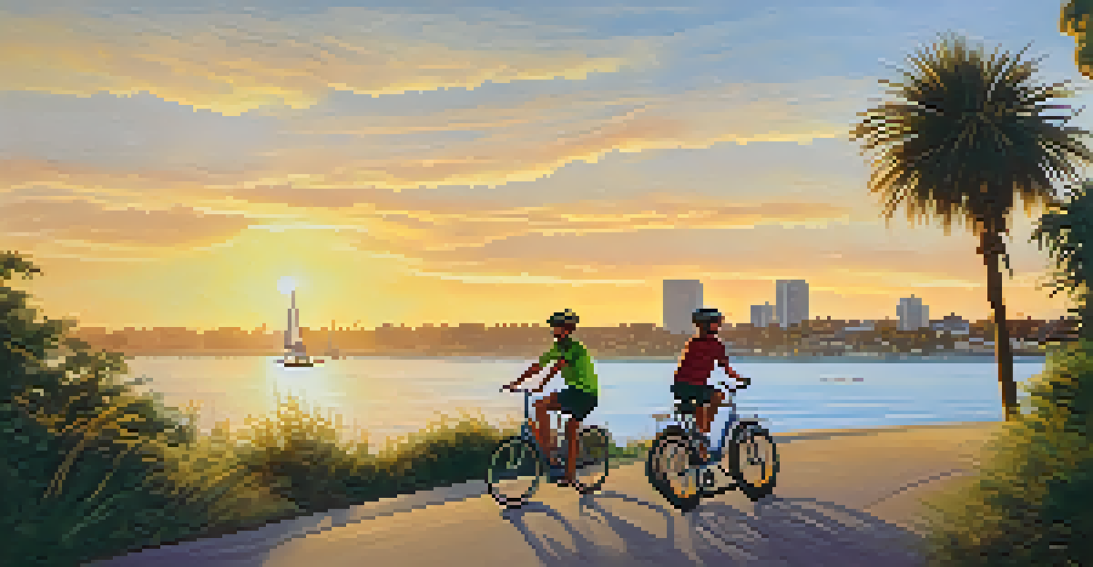 A family cycling together at Mission Bay, with children playing and a beautiful sunset in the background.