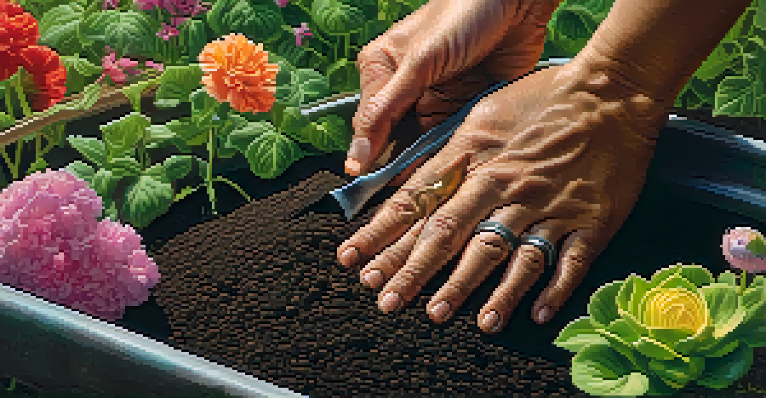 A close-up of hands planting seeds in soil, surrounded by seedlings and flowers in a community garden.