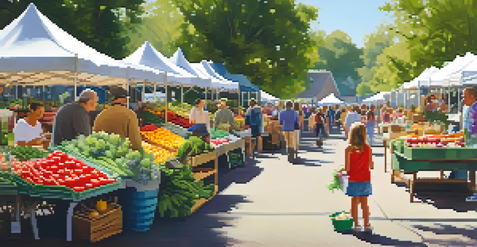 A lively farmers market filled with families, colorful stalls of fresh produce, and children tasting fruits.
