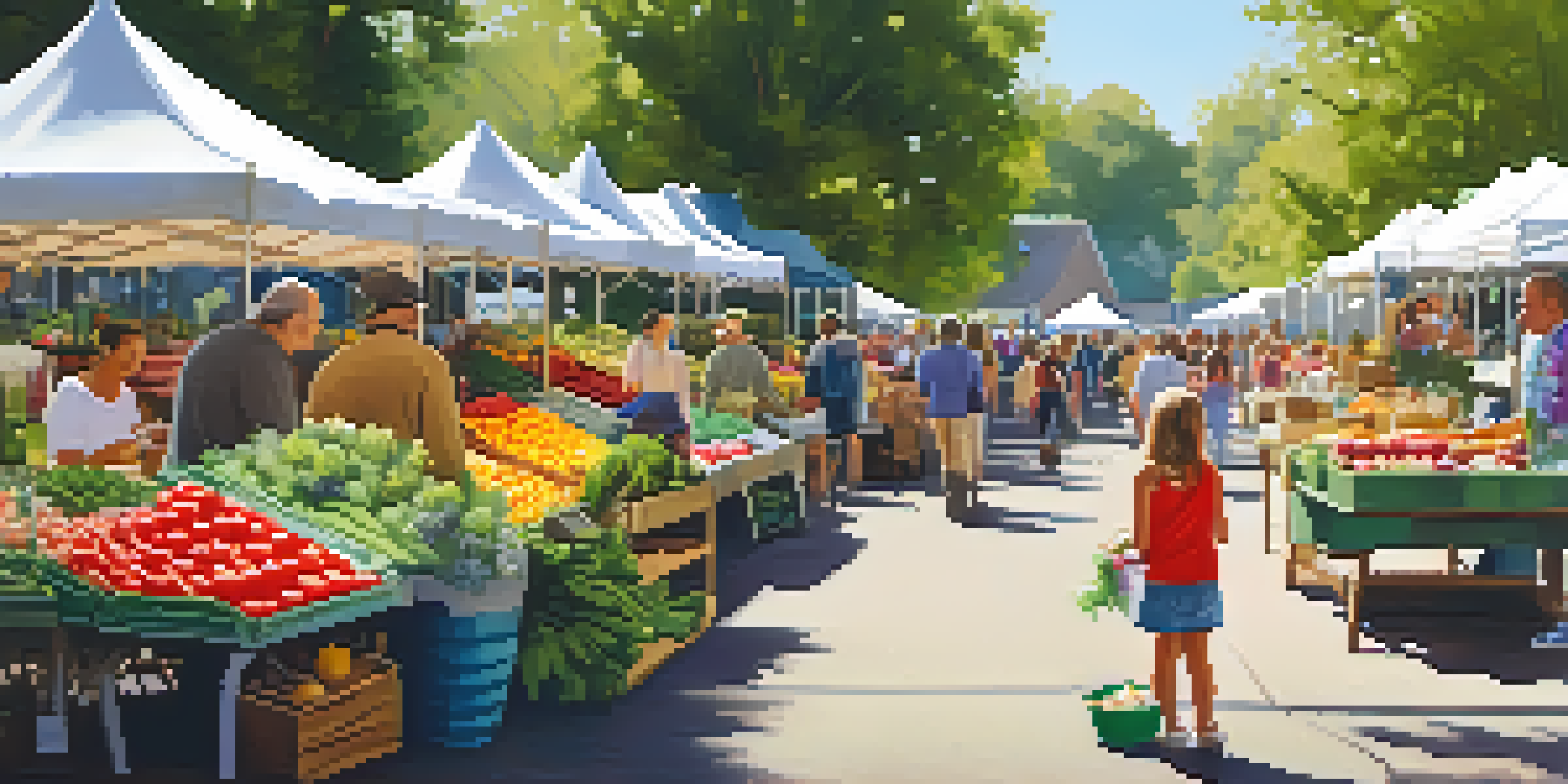 A lively farmers market filled with families, colorful stalls of fresh produce, and children tasting fruits.