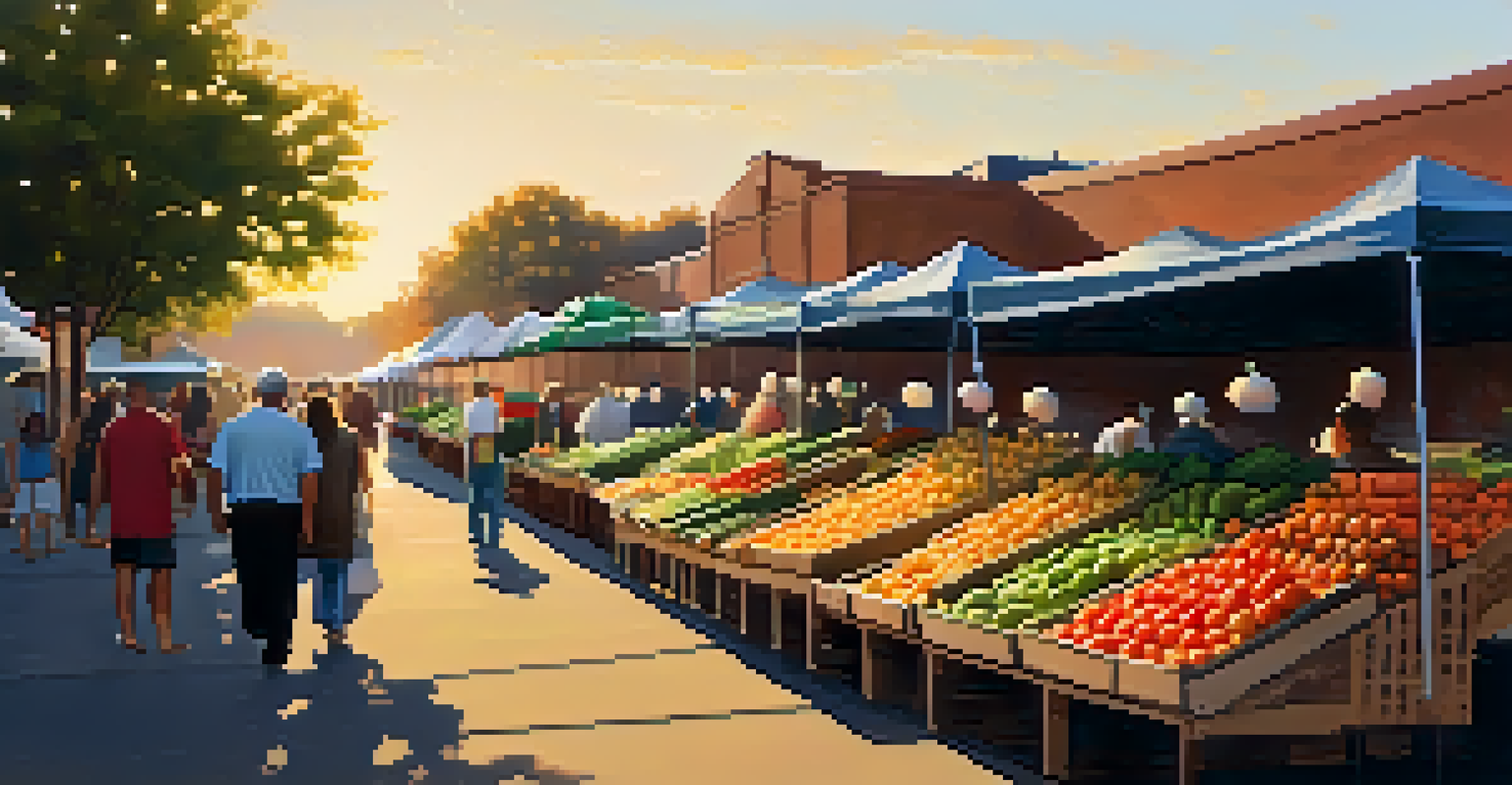 An empty farmers market at sunrise, with stalls ready for fresh produce, bathed in soft golden light, and a few vendors setting up.