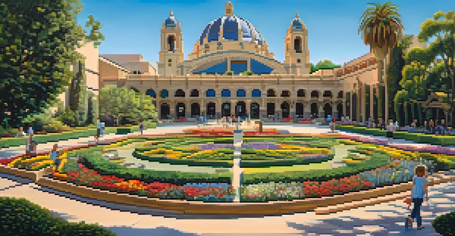 A picturesque view of Balboa Park featuring colorful gardens and the Old Globe Theatre in the background, with families enjoying the sunny day.