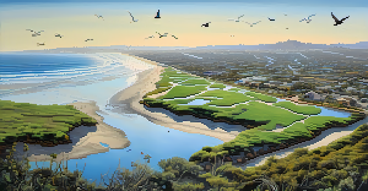 Aerial view of San Diego's coastline with wetlands, native plants, and wildlife under a clear sky.