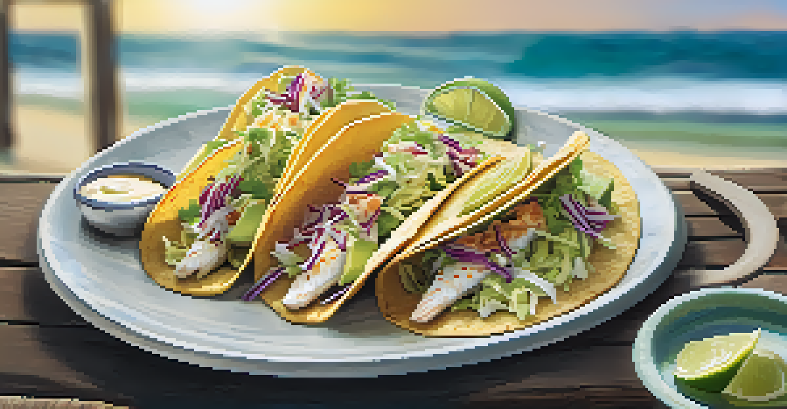 A plate of fish tacos on a wooden table, garnished with fresh ingredients, set against a sunny beach backdrop.