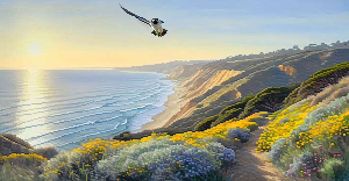 A breathtaking view of cliffs and coastal scrub at Torrey Pines State Natural Reserve, with a peregrine falcon flying overhead in the early morning light.