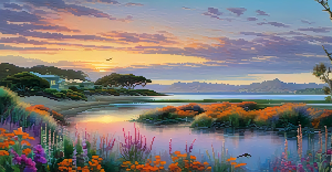 A peaceful San Diego coastal scene during sunset with a lagoon, wildflowers, and birds in the sky.