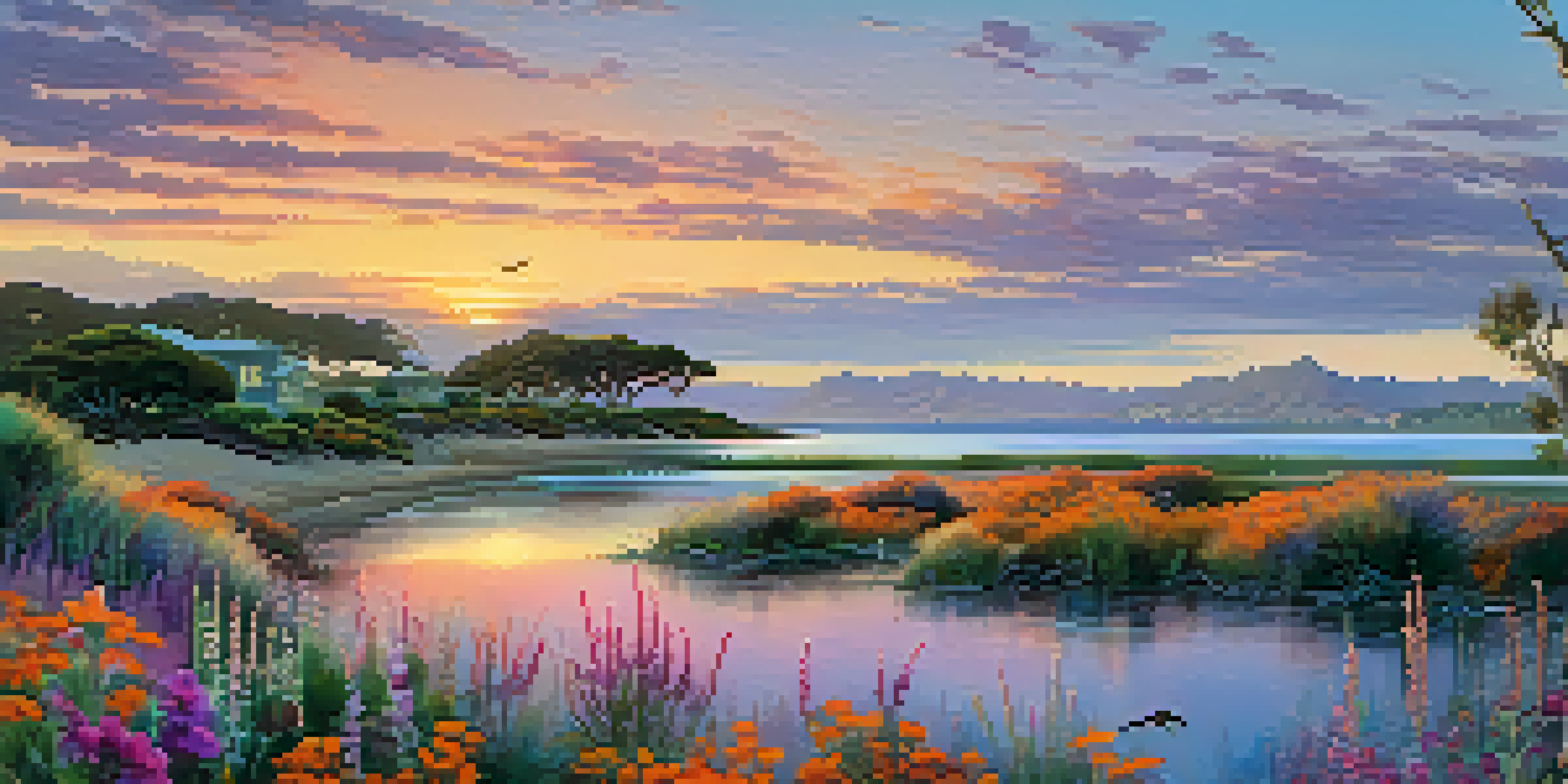 A peaceful San Diego coastal scene during sunset with a lagoon, wildflowers, and birds in the sky.