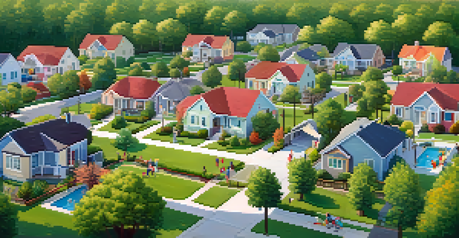 Aerial view of a family-friendly neighborhood near a military base, with colorful homes, children playing, and green parks.