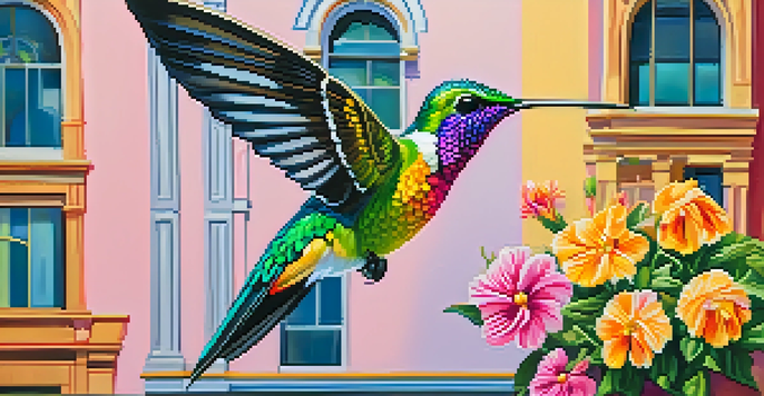 A colorful mural of a hummingbird surrounded by flowers in an urban setting with Victorian buildings.
