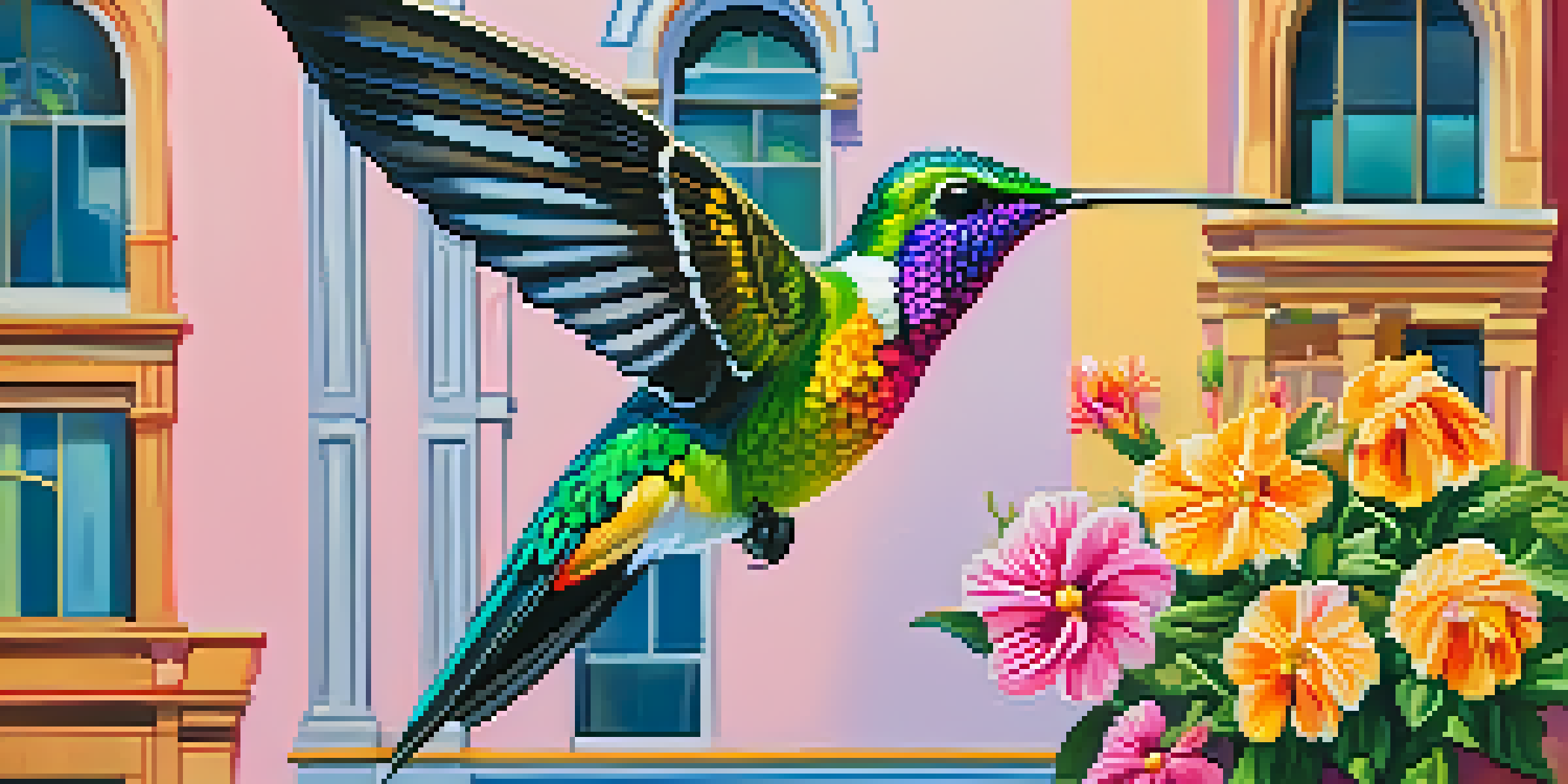 A colorful mural of a hummingbird surrounded by flowers in an urban setting with Victorian buildings.
