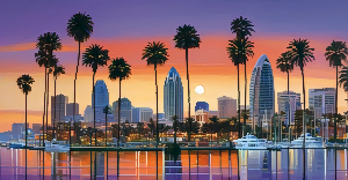 A panoramic view of San Diego's skyline at sunset with palm trees and flowers in the foreground.