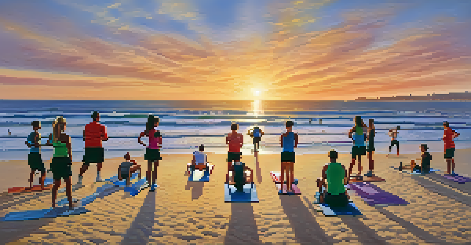 A group of people participating in a beach boot camp at sunset, with the ocean and colorful sky in the background.