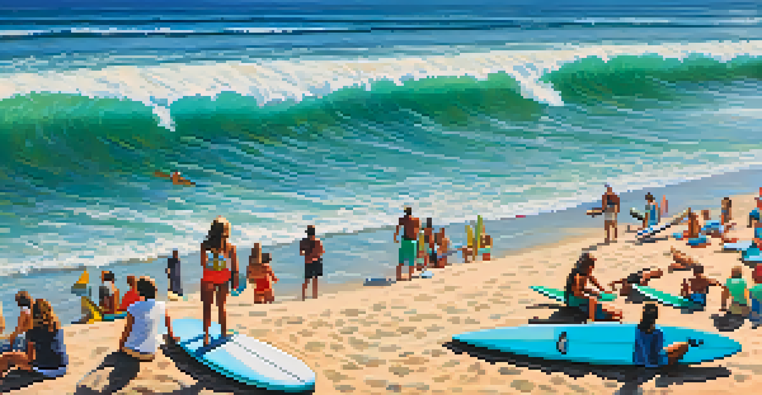 Surfers catching waves at La Jolla Shores with a bright blue sky and beachgoers on the sandy shore.