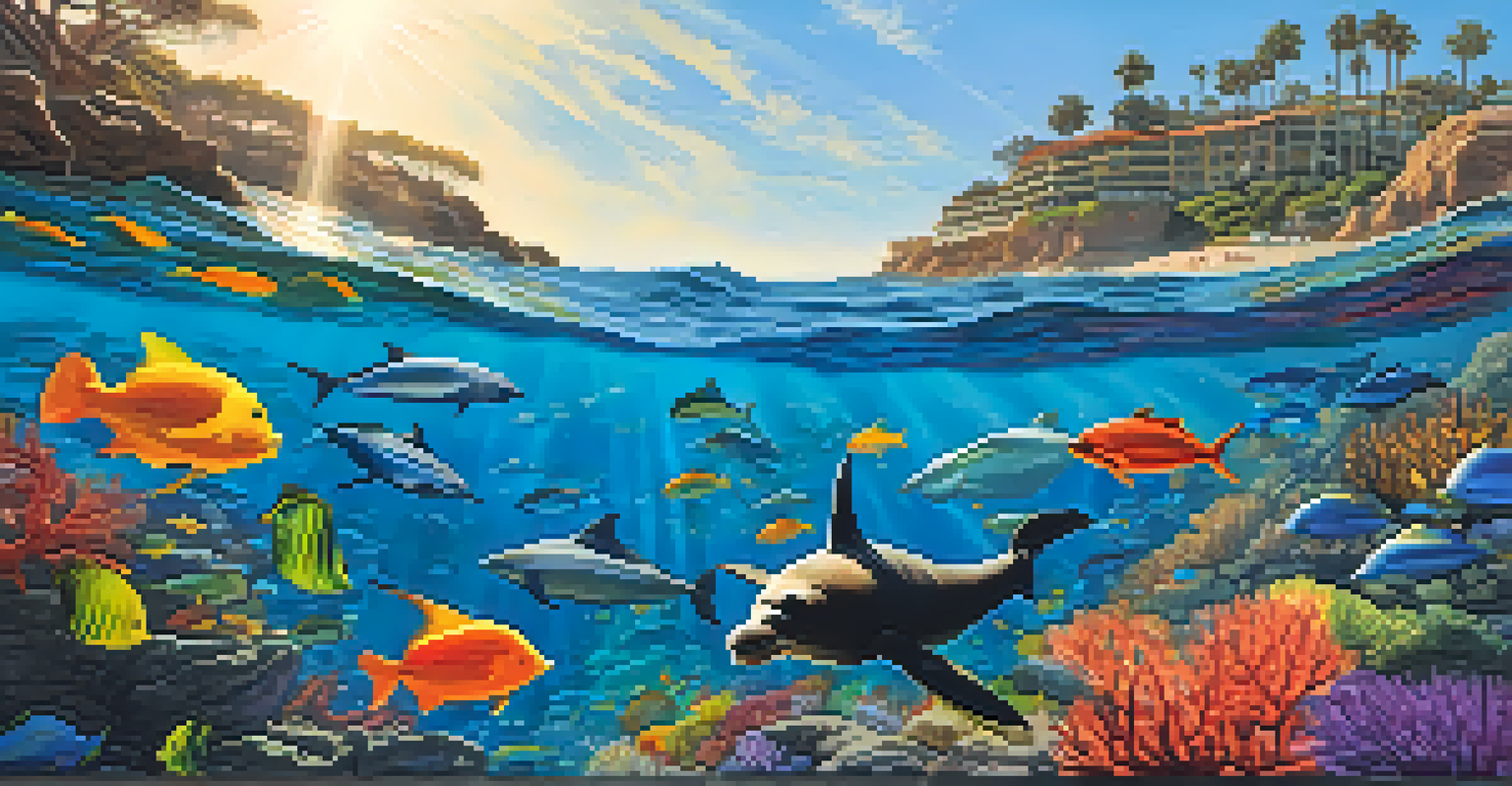 A lively underwater view of La Jolla Cove, featuring a coral reef with fish and a sea lion.