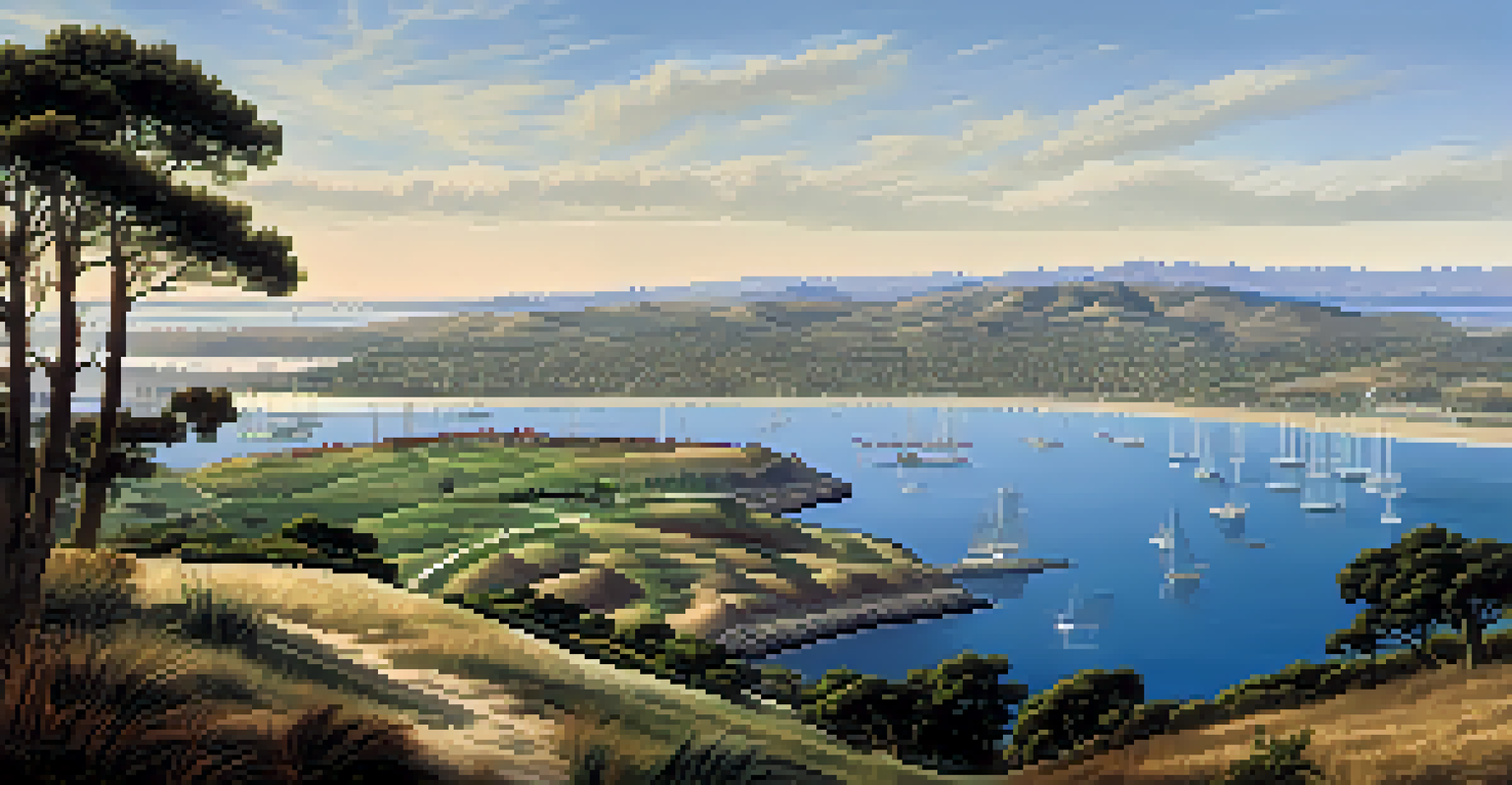 A serene view of San Diego Bay in 1542 with Cabrillo's ship anchored, illustrating the area's natural beauty.