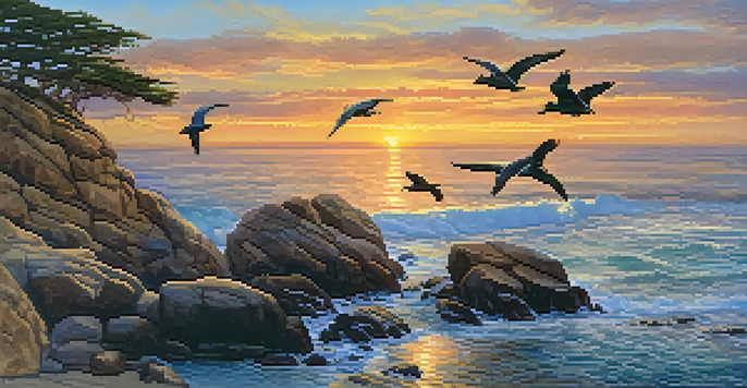 A sunset view of La Jolla Cove featuring sea lions on rocks and pelicans flying in the sky.