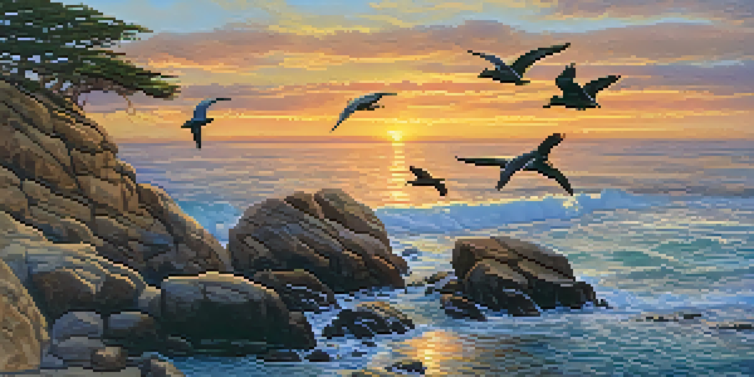 A sunset view of La Jolla Cove featuring sea lions on rocks and pelicans flying in the sky.