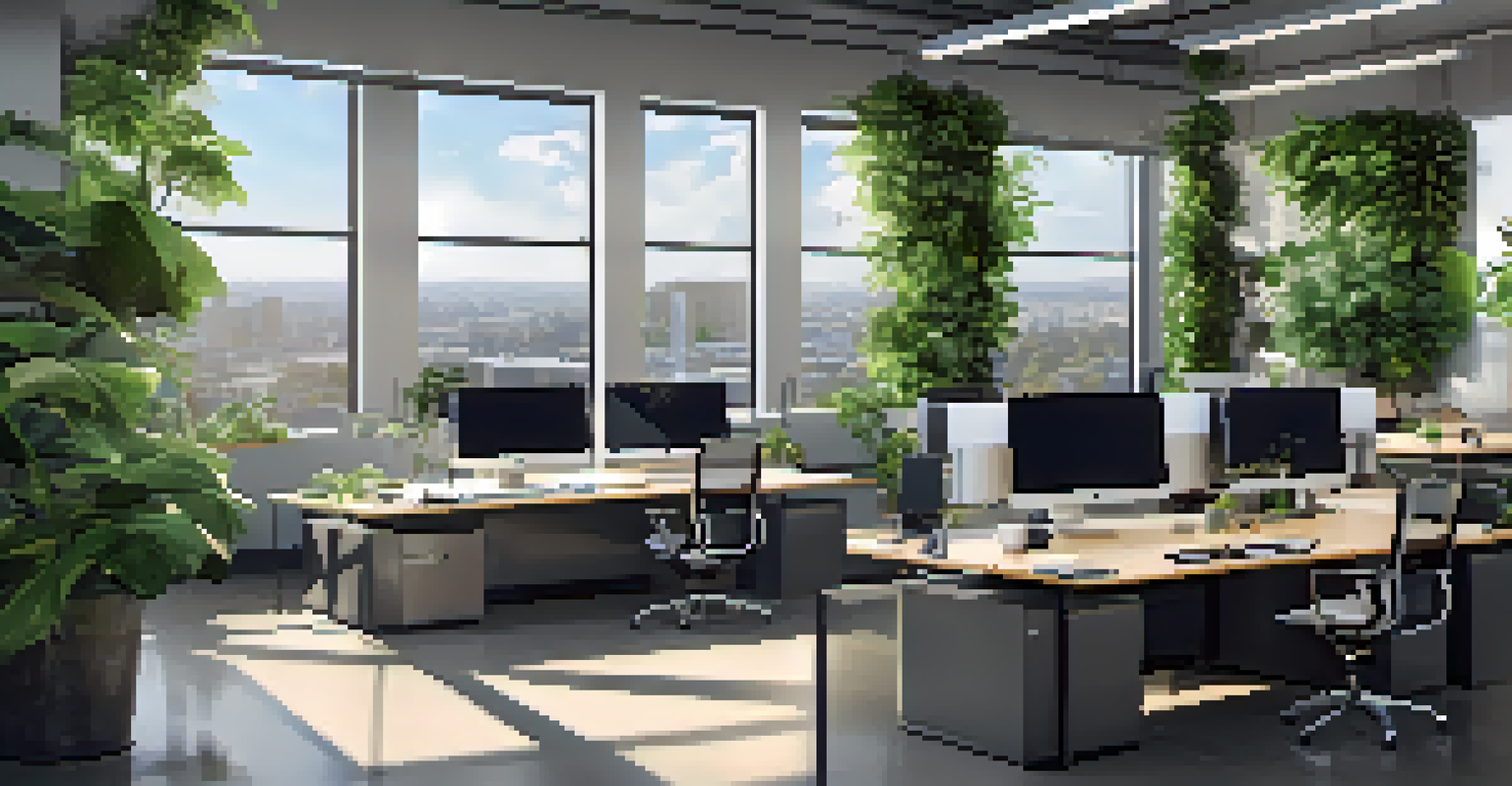 A modern office interior in San Diego with large windows, greenery, and tech gadgets, illuminated by natural light.