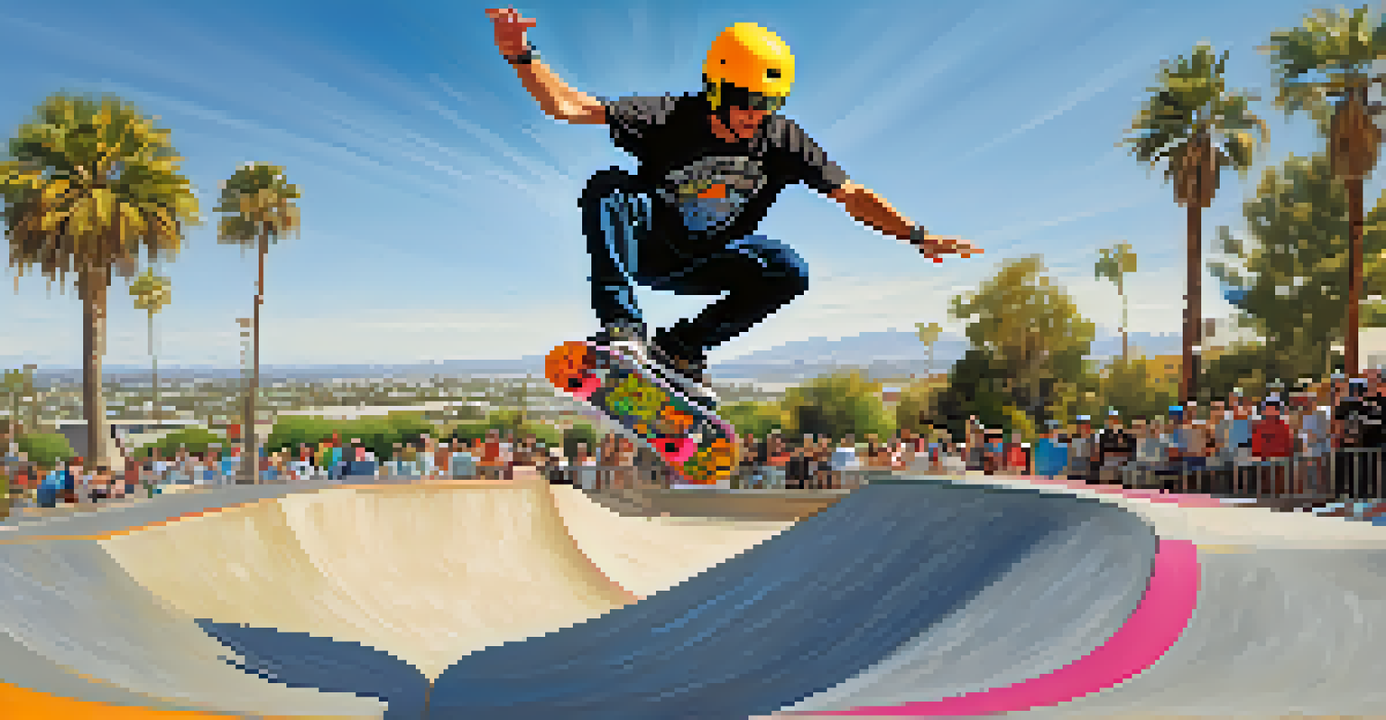 A skateboarder performing a trick in mid-air above a skate bowl in San Diego.