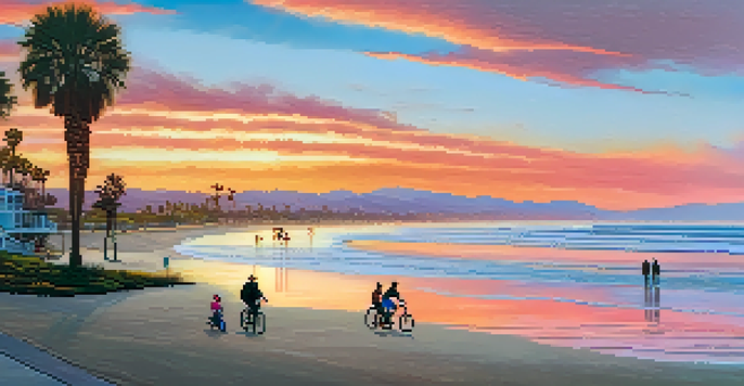 A family having a picnic on Coronado's Silver Strand beach at sunset, with vibrant colors in the sky and a cyclist riding nearby.