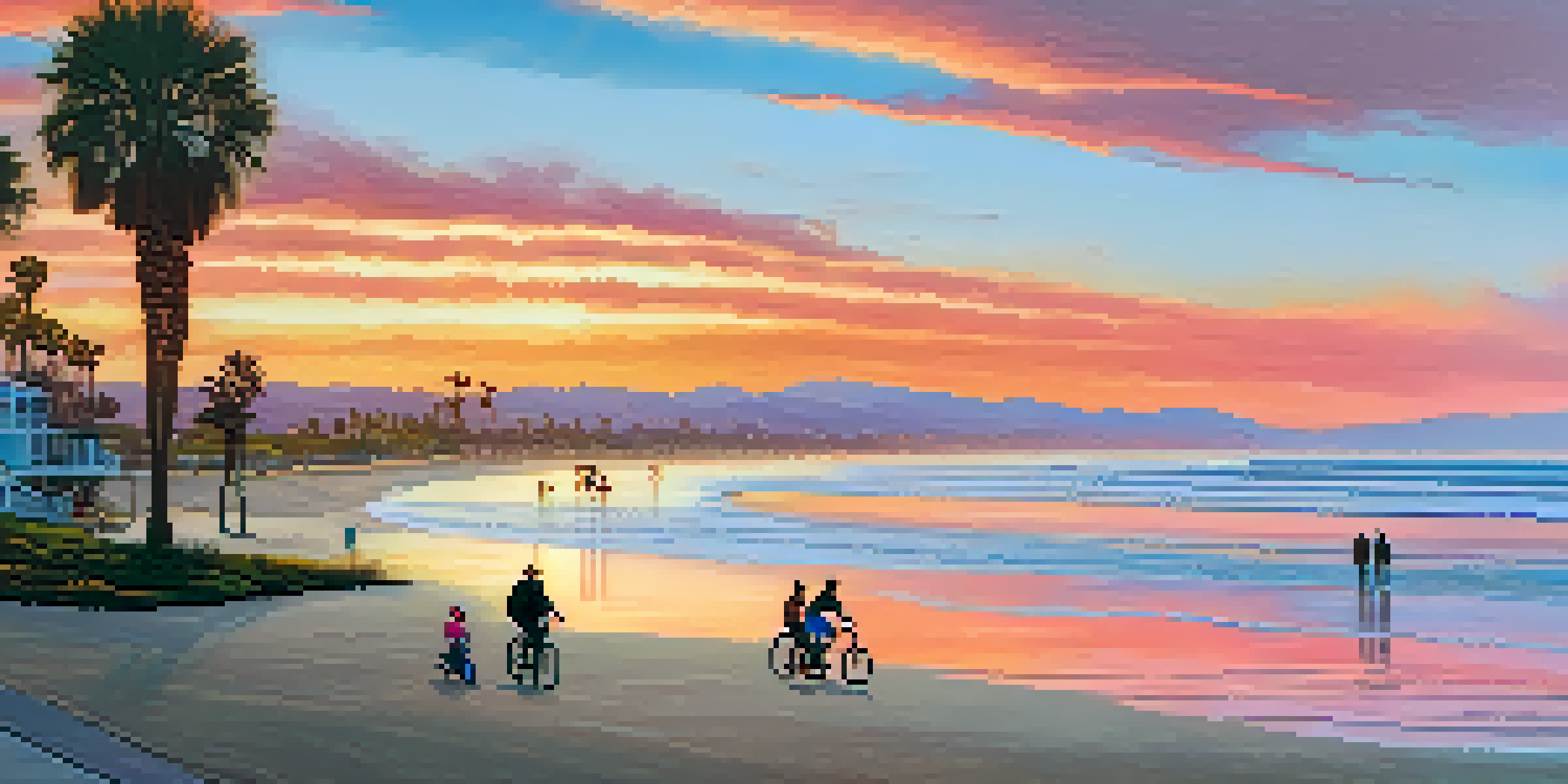 A family having a picnic on Coronado's Silver Strand beach at sunset, with vibrant colors in the sky and a cyclist riding nearby.