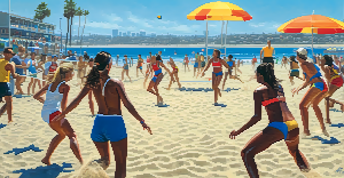 A sunny beach volleyball game at Mission Beach, with players jumping and diving for the ball, and a lively background of beach umbrellas and spectators.