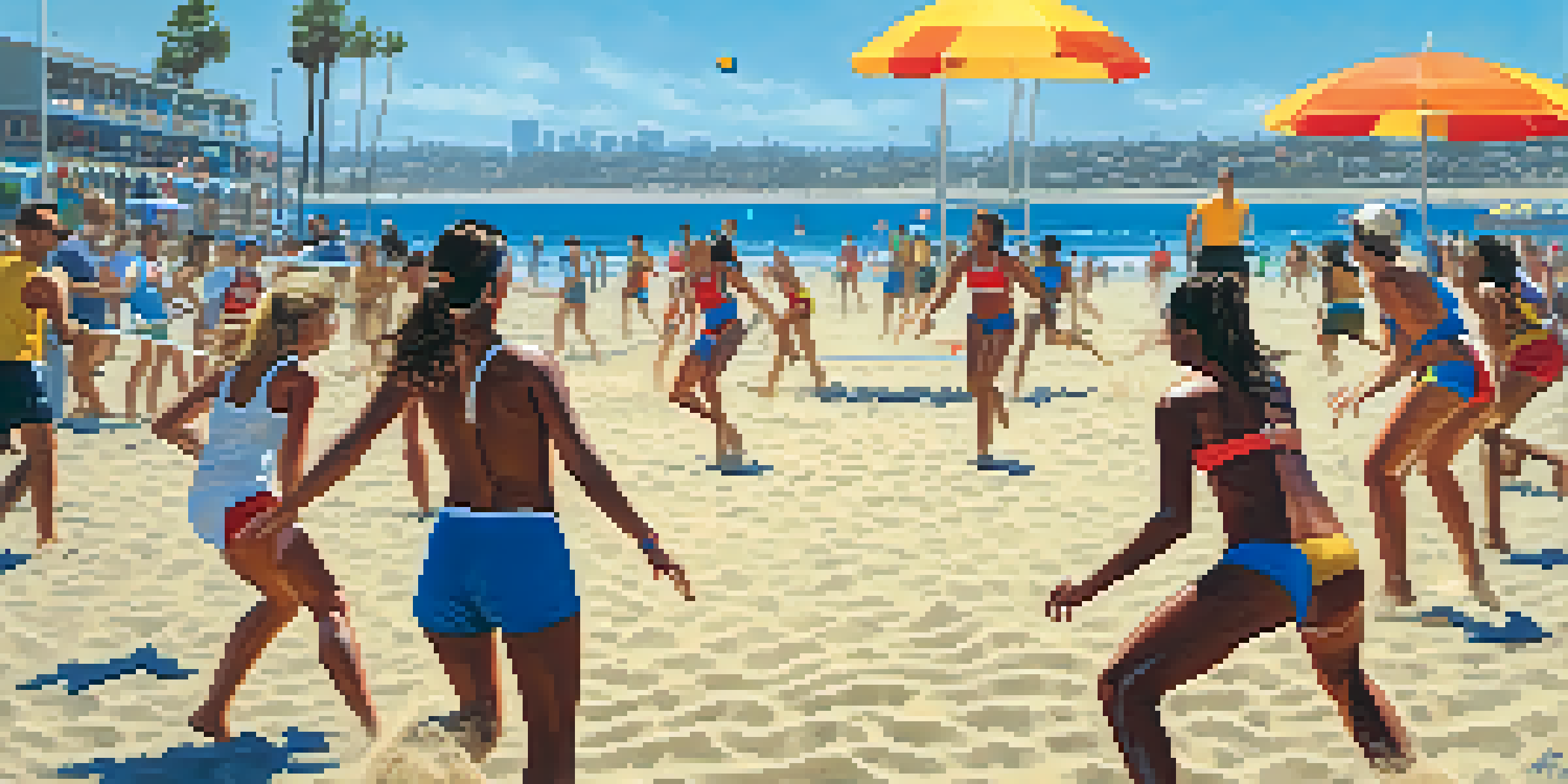 A sunny beach volleyball game at Mission Beach, with players jumping and diving for the ball, and a lively background of beach umbrellas and spectators.
